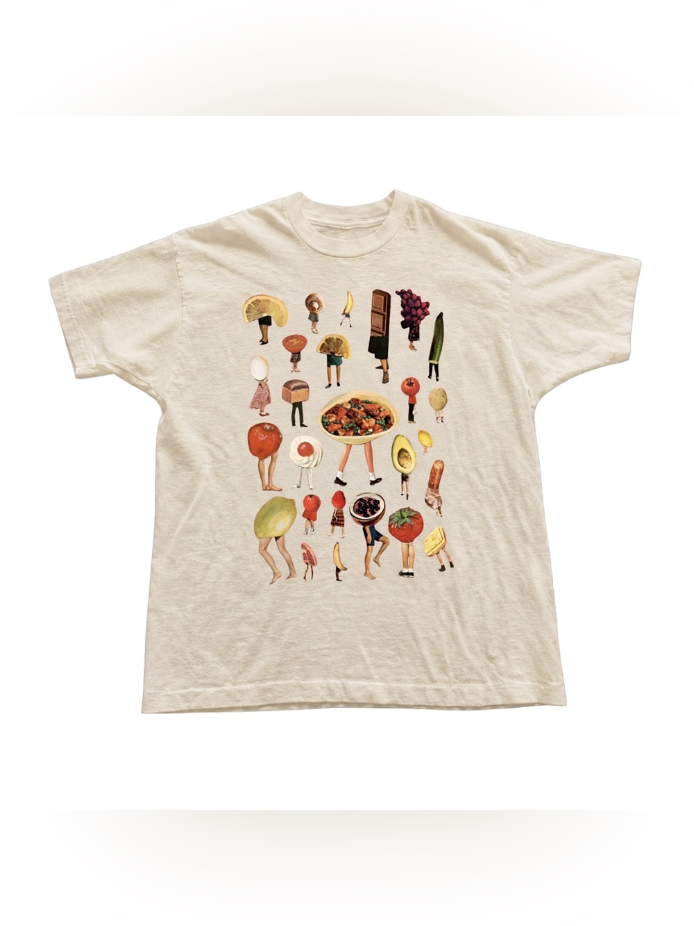Off White Graphic Tee with Colorful Food Characters